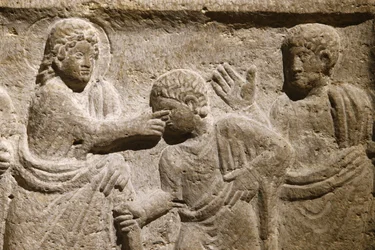 Abbaye Saint-Victor, Marseille. Détail du sarcophage : Jésus guérissant un aveugle. France