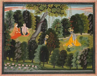 Sakhi persuade Radha de rencontrer Krishna, du Lambagraon Gita Govinda..., c. 1820-1825
