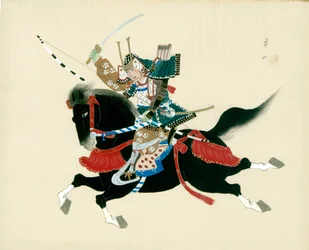 Guerrier samouraï à cheval. Peinture japonaise sur soie, dans un style japonais traditionnel