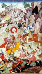Siva détruit le démon et Haka, manuscrit Harivamsa, école moghole, vers 1590