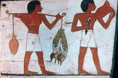 Esclaves portant des offrandes à Osiris, Sarcophage de la Dame de Madja, 18e dynastie