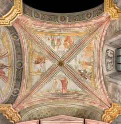 Transept sud, première travée est, Jacob envoie le fils de Joseph au pâturage, Complot des frères pour capturer Joseph, Ruben suggère de le jeter dans le puits, Joseph vendu aux marchands, Cathédrale Santa Maria Assunta, Duomo, Crémone, Lombardie, Italie