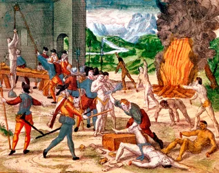 Des conquistadors espagnols torturant des Indiens d