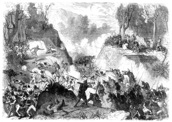 Troupes espagnoles combattant le peuple de Saint-Domingue, dans le col de Monte Christi, 1864