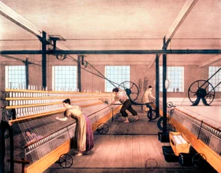 Filage du coton avec des mules automatiques du type conçu par Richard Roberts en 1825, vers 1835