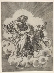 Saint Matthieu, assis sur un nuage avec les jambes croisées et trempant une plume dans un encrier
