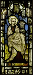 Panneau de vitrail avec sainte Barbe, britannique, vers 1450.