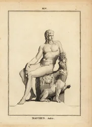 Statue de Bacchus, le dieu romain du vin, assis nu avec une grappe de raisin et un chien