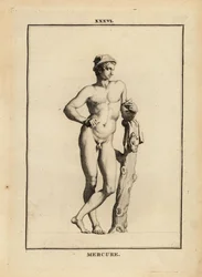 Statue de Mercure, dieu romain du commerce et de la communication, avec chapeau ailé petasos et peau de chèvre