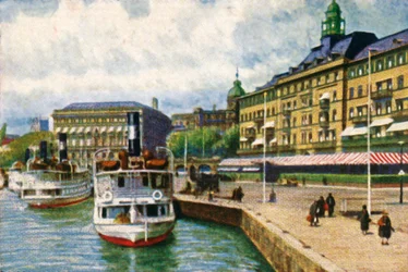 Bateau à vapeur au quai près du Grand Hôtel, Stockholm, vers 1928