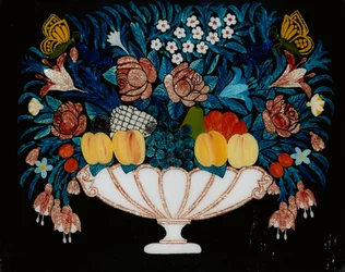 Nature morte - Fleurs et fruits dans un bol blanc et rose