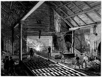Taper un haut fourneau et couler du fer fondu dans les moules, vers 1885