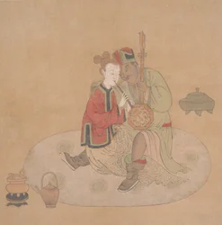 Officier tartare avec dame blonde jouant des instruments de musique, 19ème siècle