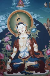 Thangka représentant la déesse Tara blanche, symbole bouddhiste de longue vie