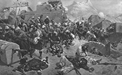 La guerre afghane, 1878-80 : 91e Highlanders et 2e Gurkas prenant d