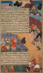 La première aventure du cheval blanc, page du Razm Nama du Khan Khanan..., vers 1610-17