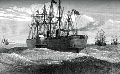 Le Great Eastern déroulant le câble télégraphique atlantique, vers 1865, vers 1880