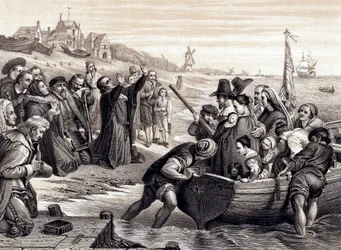 Les Pères pèlerins quittant Delft Haven pour leur voyage en Amérique, juillet 1620, 1878