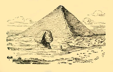 La pyramide du roi Khéops et le Grand Sphinx à Gizeh, Égypte, vers 1930