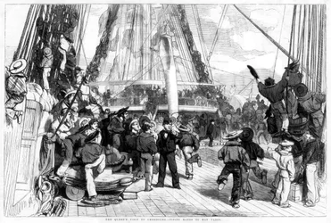 La visite de la reine à Cherbourg - Appel des mains pour armer les vergues, 1858