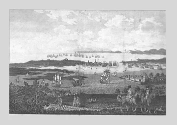 La ville et le port de Portsmouth avec une vue de la flotte de Sa Majesté à Spithead, 18ème siècle