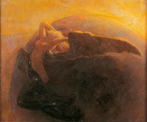 Le soleil doré réveille la lune représentée comme une femme ailée