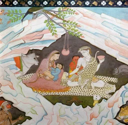 La Sainte Famille assise dans une grotte sur le mont Kailasa