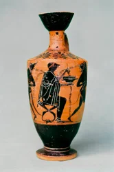 La magicienne Circé représentée sur un vase en céramique à figures noires. Grèce antique, Ve-IVe siècle av. J.-C.