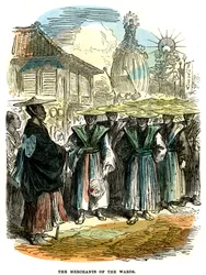 Les marchands du quartier, procession du festival du Nouvel An à Yokohama, Japon, 1872