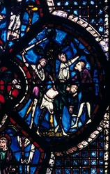 Le pèlerin attaqué par des voleurs, vitrail, cathédrale de Chartres, France, 1205-1215