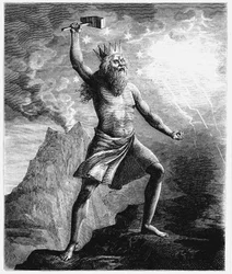 Thor, dieu du tonnerre dans le panthéon scandinave, brandissant son marteau, 1874