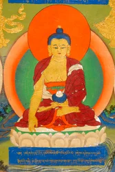 Bouddhisme tibétain; fresque colorée représentant le Bouddha en méditation; Bhumisparsha Mudra; Bhumisparshamudra invoquant la terre mère; Palais du Panchen Lama; Monastère de Tashilhunpo; Shigatse; Himalayas; Région autonome du Tibet; République populaire