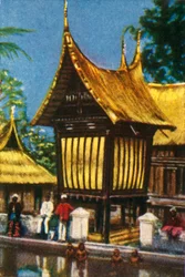 Grange à riz traditionnelle au toit de chaume, Padang, Sumatra, vers 1928