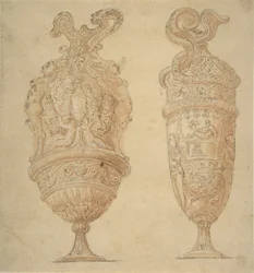 Deux urnes décorées de figures humaines, d