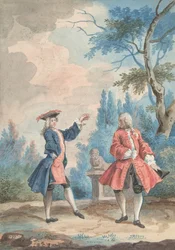 Deux figures masculines dansantes dans un paysage