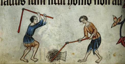 Deux hommes battant une gerbe, du Psautier de Luttrell, vers 1330