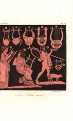 Types de lyres grecques, femme jouant de la cithare et homme jouant de l
