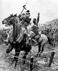 Uhlans arrêtés par des barbelés près de Liège, Belgique, Première Guerre mondiale, 1914