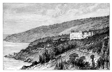 Vue en Crimée : le Palais Woronzow, Alupka, Ukraine, vers 1888