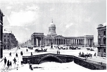 Vue de la cathédrale de Kazan à Saint-Pétersbourg, vers 1850