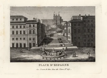 Vue de la Piazza di Spagna, Fontaine de la Barcaccia et Escalier de la Trinité-des-Monts, Rome
