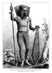 Costume de guerre des indigènes des îles Carolines, océan Pacifique central, 1877