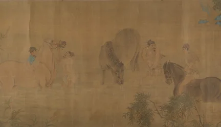 Lavage des chevaux dans une rivière, daté de 1309