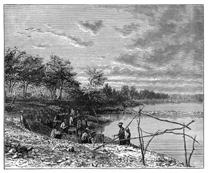 Lavage du sable pour les diamants sur les rives de la rivière Vaal, Afrique du Sud, vers 1890