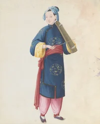 Aquarelle de musicien jouant du qin à archet, fin du 18e siècle