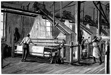 Atelier de tissage équipé de métiers Jacquard, vers 1880