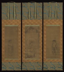 Guanyin en robe blanche avec Hanshan et Shide, 14ème siècle