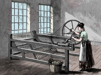 Femme utilisant une machine à filer Jenny, vers 1880