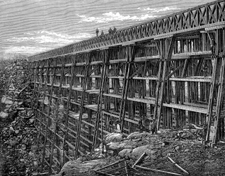 Pont en bois sur la ligne de chemin de fer Union Pacific, Dale Creek, Wyoming, USA, 1869