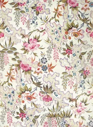 Design floral pour tissu de soie avec fleurs stylisées et motif de fond de méandres remplis de petites algues par William Kilburn, c.1790